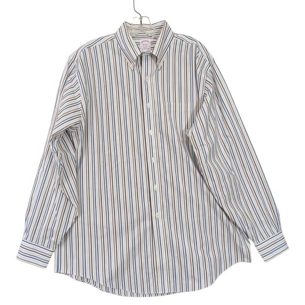 Brooks Brothers Button Down Shirt Mens L Brown Blue Striped Non Iron Long Sleeve